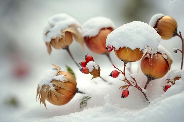 Grupa zimowych kwiatów pokrytych śniegiem Generative AI