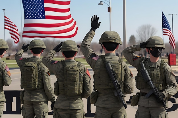 Zdjęcie grupa żołnierzy salutujących amerykańską flagę