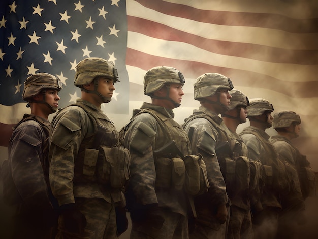 grupa żołnierzy Stanów Zjednoczonych pozdrawiających amerykańską flagę