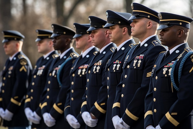 Grupa żołnierzy stojących na baczność podczas pogrzebu wojskowego Generative AI