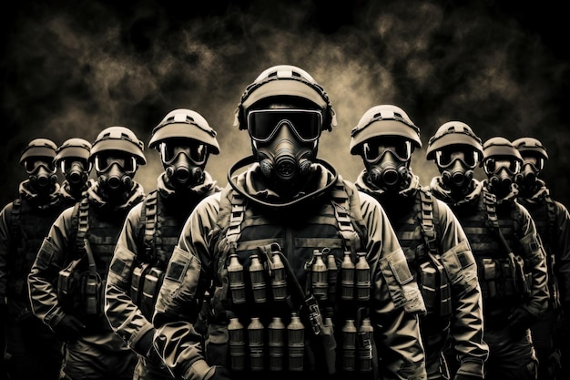 Grupa żołnierzy w maskach gazowych i maskach gazowych stojących w kolejce Generative AI