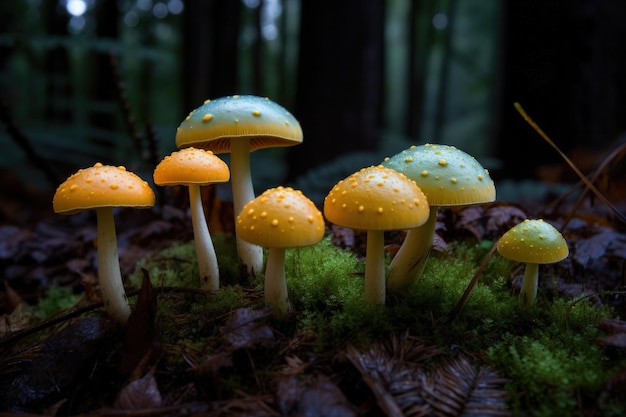 Grupa żółtych grzybów siedzących na generatywnej sztucznej inteligencji dna lasu