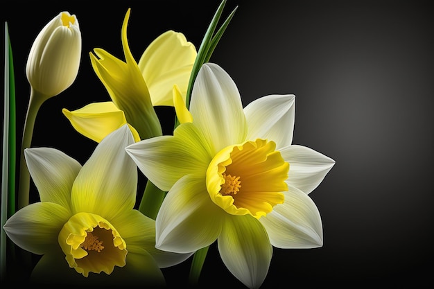 Grupa żółtych i białych kwiatów na czarnym tle generatywnej AI