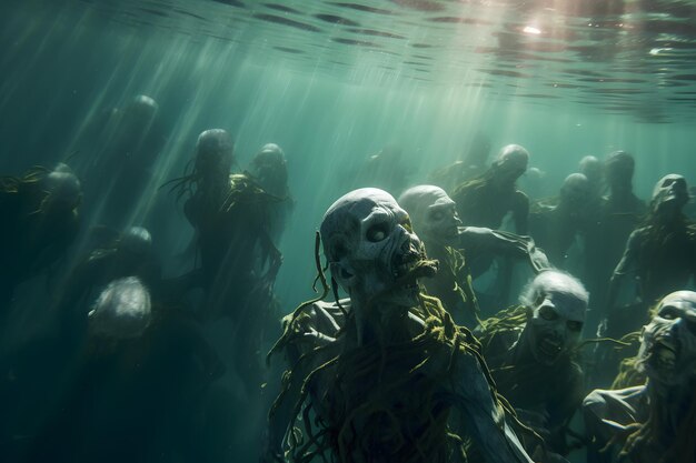 Zdjęcie grupa zombie pod wodą sieć neuronowa wygenerowała fotorealistyczny obraz