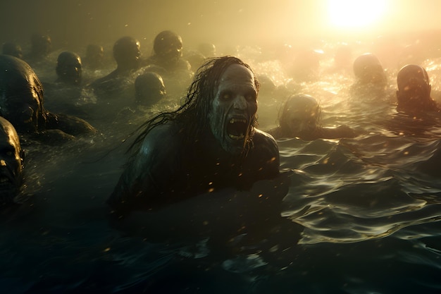 Grupa zombie w wodzie o wschodzie lub zachodzie słońca, sieć neuronowa wygenerowała fotorealistyczny obraz