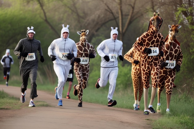 Zdjęcie grupa żyraf biegnących po brudnej drodze generatywny obraz ai