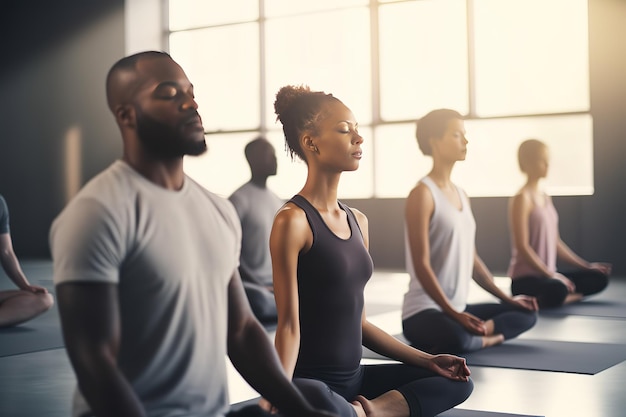 Grupowa medytacja w studio jogi ćwiczenia oddechowe mężczyzn i kobiet medytujących i oddychających ey