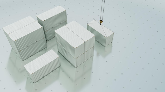Grupowe kontenery transportowe na technologicznym minimalistycznym tle z siatką, ilustracja 3D