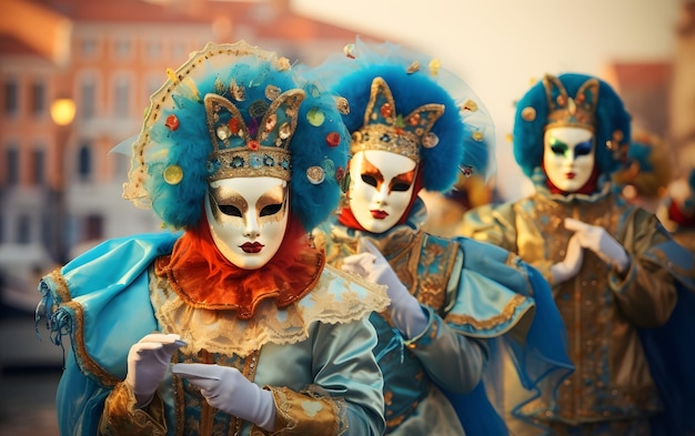 grupy ludzi w kostiumach kolorowe maski karnawałowe