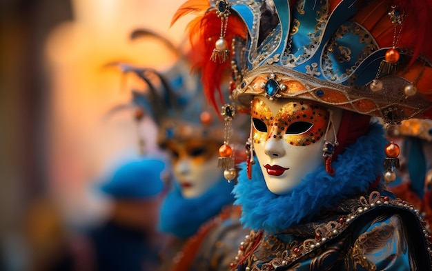 grupy ludzi w kostiumach kolorowe maski karnawałowe