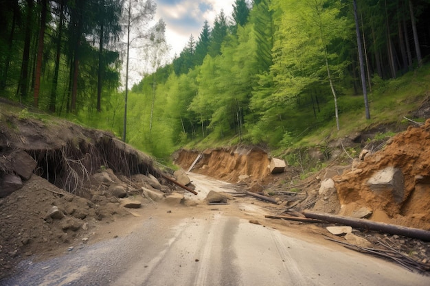 Gruz osuwiska blokuje drogę w lesie