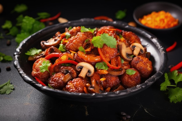 Grzyb mandżurski suszony w czarnej misce na ciemnym tle danie chińskie indo ze smażonymi grzybami peppe