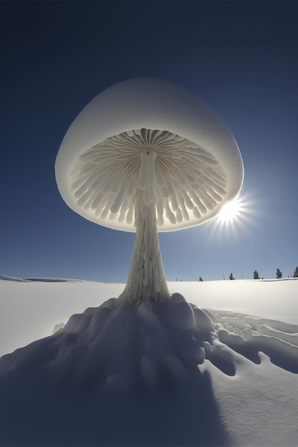 Grzyb siedzący na szczycie pokrytego śniegiem pola generatywnego ai