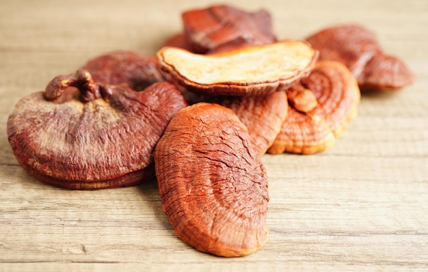 Zdjęcie grzyby lingzhi lub reishi z kapsułkami organiczne, naturalne, zdrowe pokarmy