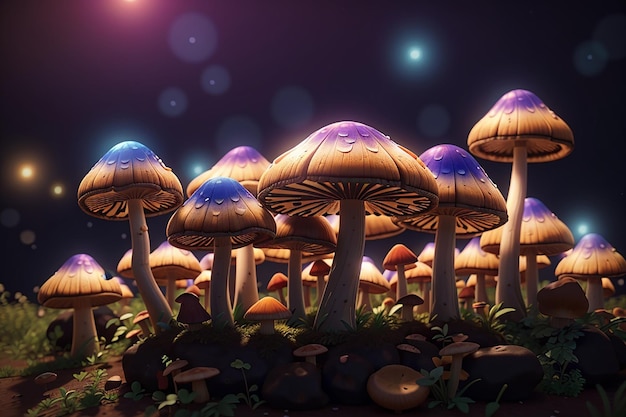 Grzyby psilocybinowe ilustracja 3D Powszechnie znane jako grzyby magiczne grupa grzybów zawierających psilokybinę, która przekształca się w psilocynę po spożyciu i powoduje efekty psychodeliczne