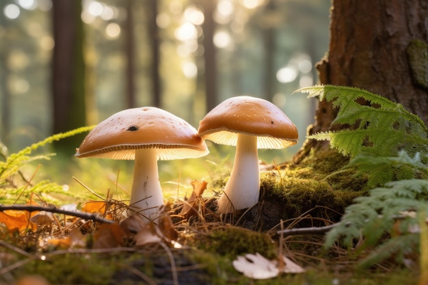 Grzyby rosną w jesieni w lesie Zbieranie grzybów Tło przyrody z światłem słonecznym