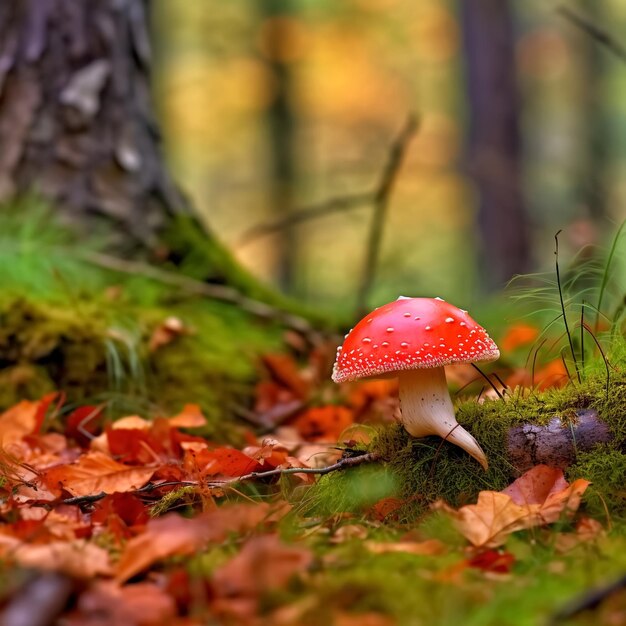 grzyby w polu lasu jesienią Rowan berry branchporanne krople wody rosy i trawy