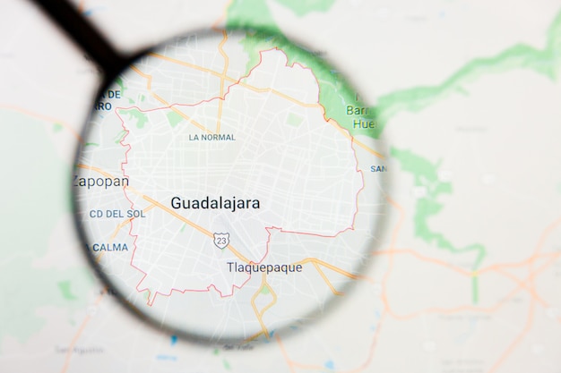 Zdjęcie guadalajara, meksyk wizualizacja ilustracyjna koncepcja na ekranie wyświetlacza przez szkło powiększające
