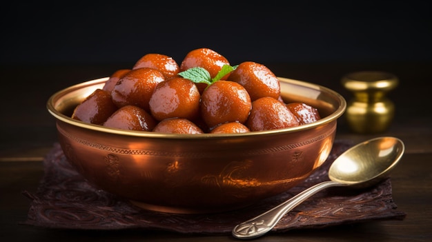 Gulab jamun w misce i miedzianej antycznej misce