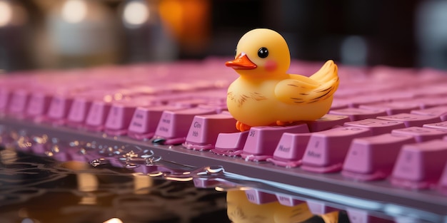 Zdjęcie gumowa kaczka siedzi na laptopie cyber kaczka ai