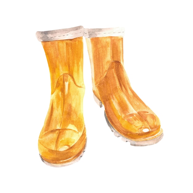 Gumowe żółte buty Akwarela ilustracja na białym tle Izoluj