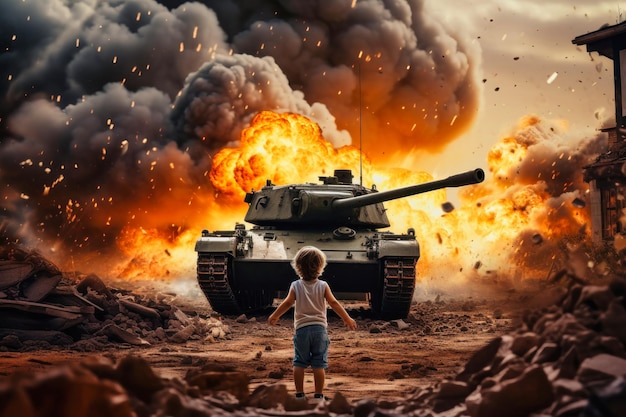 Gwałtowna eksplozja na tle domu Dziecko patrzy na czołg, który zniszczył jego dom Ogień i dym Wojna Trzecia Wojna Światowa Atak na spokojne miasto