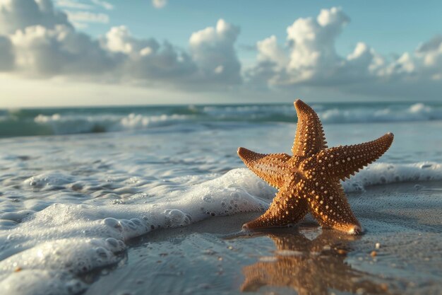 Gwiazda morska leży na piasku na plaży.