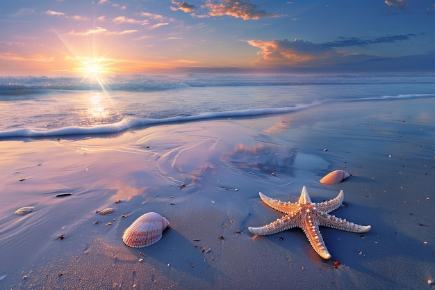 Zdjęcie gwiazda morska leży na plaży obok muszli.