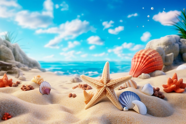 Gwiazda morska na piasku na plaży wśród muszli letnie zdjęcie wygenerowane przez AI