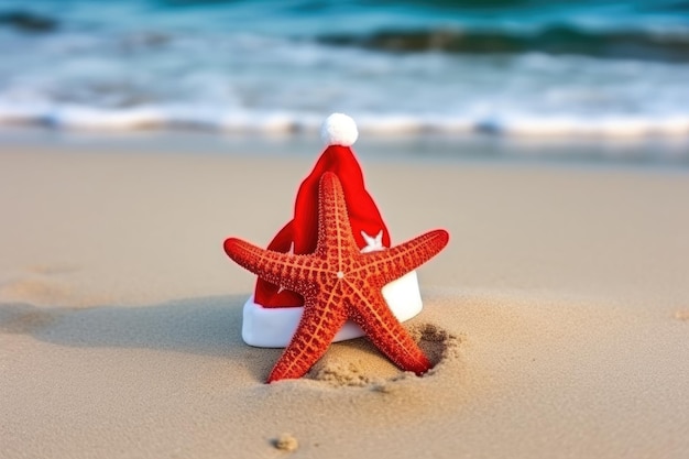 Gwiazda morska w kapeluszu Świętego Mikołaja na piasku na plaży