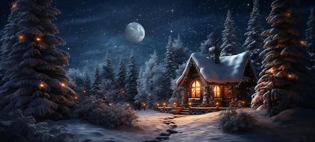 Gwiazdista noc, pełnia księżyca, zimowy las, choinki świąteczne, drewniana chatka z światłem w oknach.