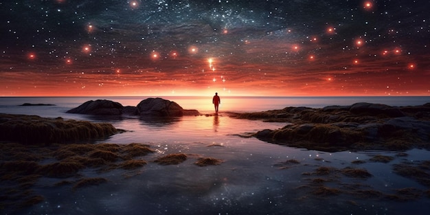 Zdjęcie gwiazdiste niebo z osobą stojącą na skałach w wodzie generatywny ai
