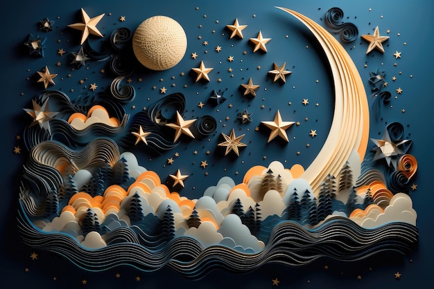 Gwiazdy i półksiężyc za chmurami na niebieskim tle Papierowy aplikat lub pióro Pojęcie pogody