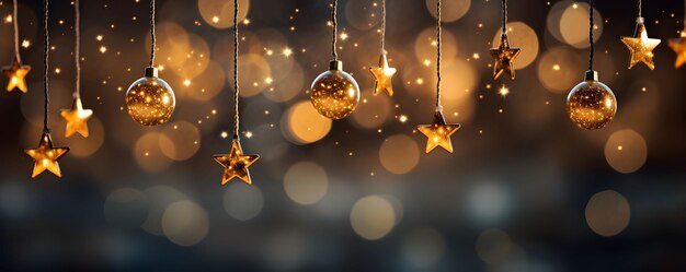 Gwiazdy i świąteczna piłka wisząca ozdób ze światłem bokeh w ciemnej nocy abstrakcyjne tło Generatywne AI