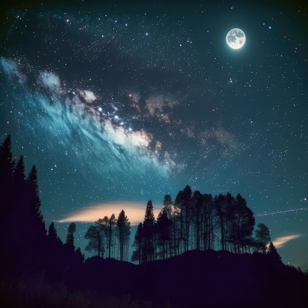Gwiazdy konstelacji i droga mleczna oraz księżyc w pełni na nocnym niebie stworzone przy użyciu technologii generatywnej ai