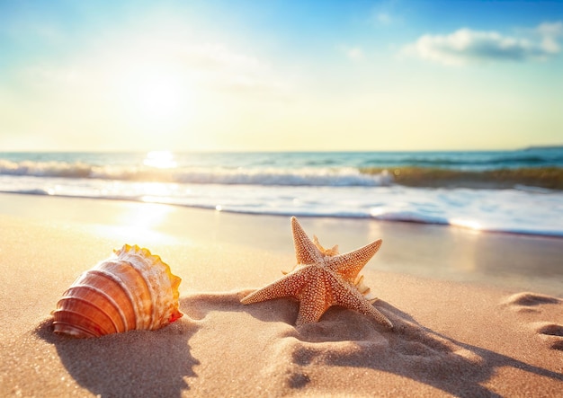 Gwiazdy morskie i muszle na piaszczystej plaży o zachodzie słońca