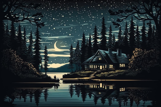 Gwiaździsta nocna scena nad jeziorem