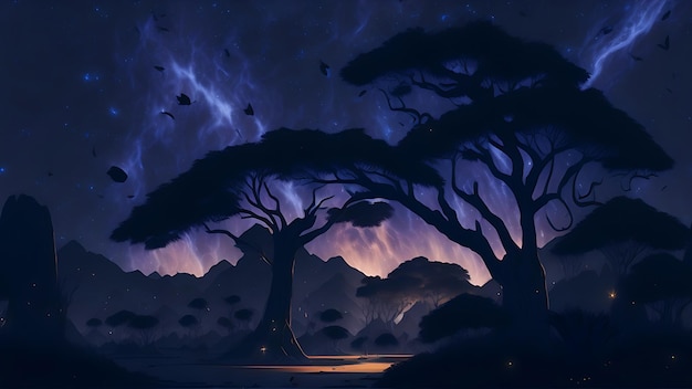 Gwiaździste niebo nad afrykańską sawanną leśną z gwiazdami księżyca galaktyki