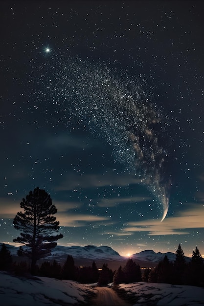 Gwiaździste niebo nad górskim krajobrazem w nocy stworzone przy użyciu technologii generatywnej AI