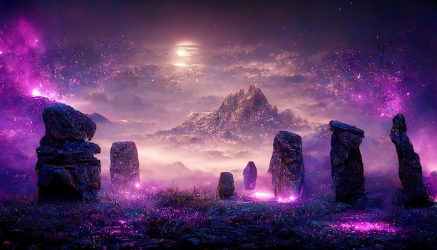 Zdjęcie gwiaździste niebo z mistycznym fioletowym światłem ogromnymi blokami kamieni na piaszczystej powierzchni ilustracja 3d