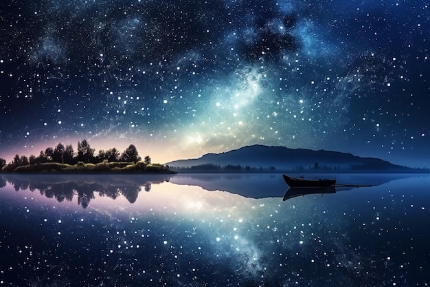 Zdjęcie gwiaździste nocne niebo z łodzią w wodzie
