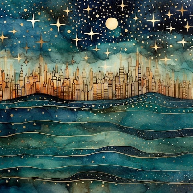 Gwiezdna noc nad miastem malowidło artystki Lauren White generative ai