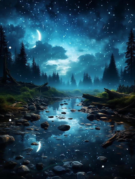 gwiezdna nocna scena z strumieniem i drzewami na pierwszym planie
