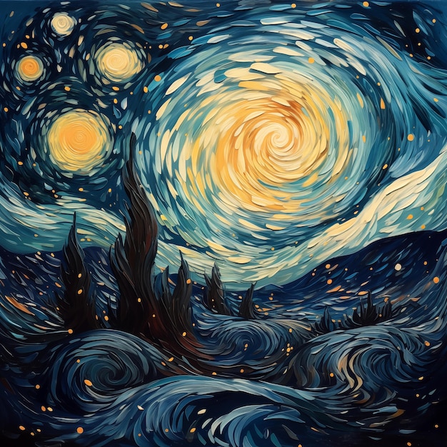 Gwiezdna podróż surrealistyczny szkic w stylu Van Gogha
