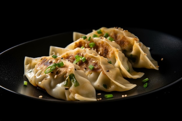 gyoza z drobno posiekaną zieloną cebulą i sezamem na talerzu