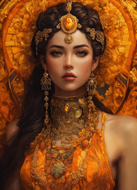 h kobiece pomarańczowe i żółte odcienie szalenie szczegółowe i skomplikowane hipermaksymalistyczne eleganckie ozdobne