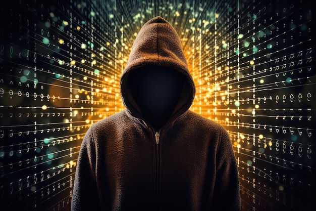 Hacker cybernetyczny Digital Cybersecurity Concept with Hooded Hacker Anonymous hacker with hood with programming codes on background Hacker i koncepcja bezpieczeństwa cybernetycznego
