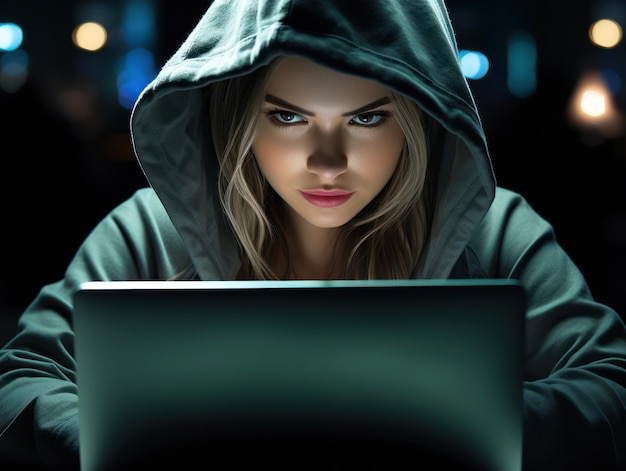 Hacker girl Programistka w kapturze pracuje nad rozwojem oprogramowania
