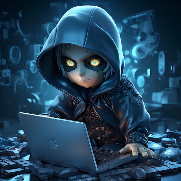 Zdjęcie hacker komputerowy z laptopem na ciemnym tle 3d