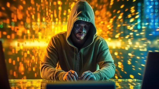 Hacker przed swoim komputerem popełniający cyfrową cyberprzestępczość